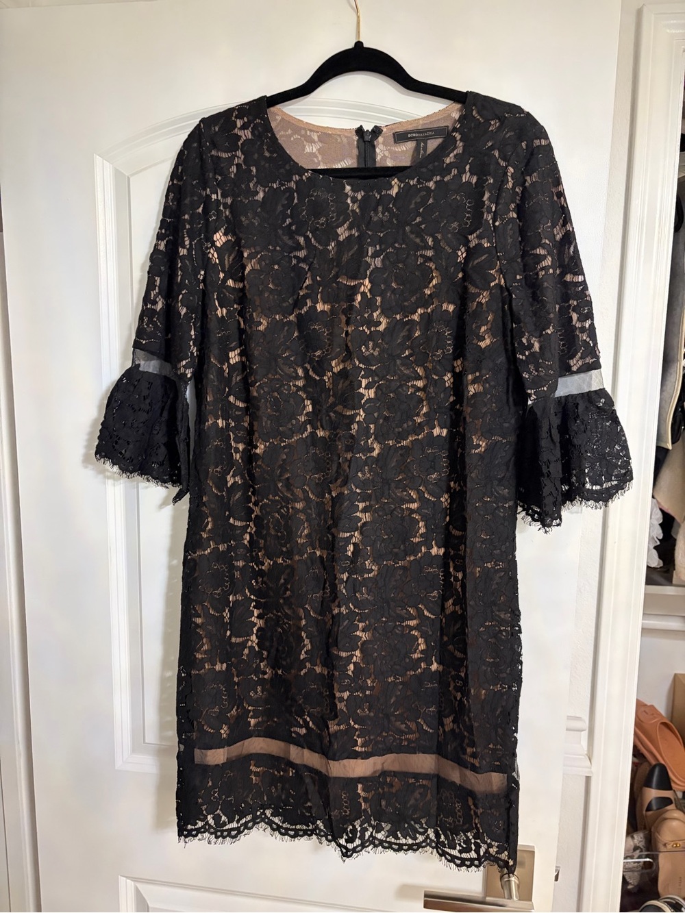 BCBGMaxAzria Black Lace Midi Dress with Nude Underlay
